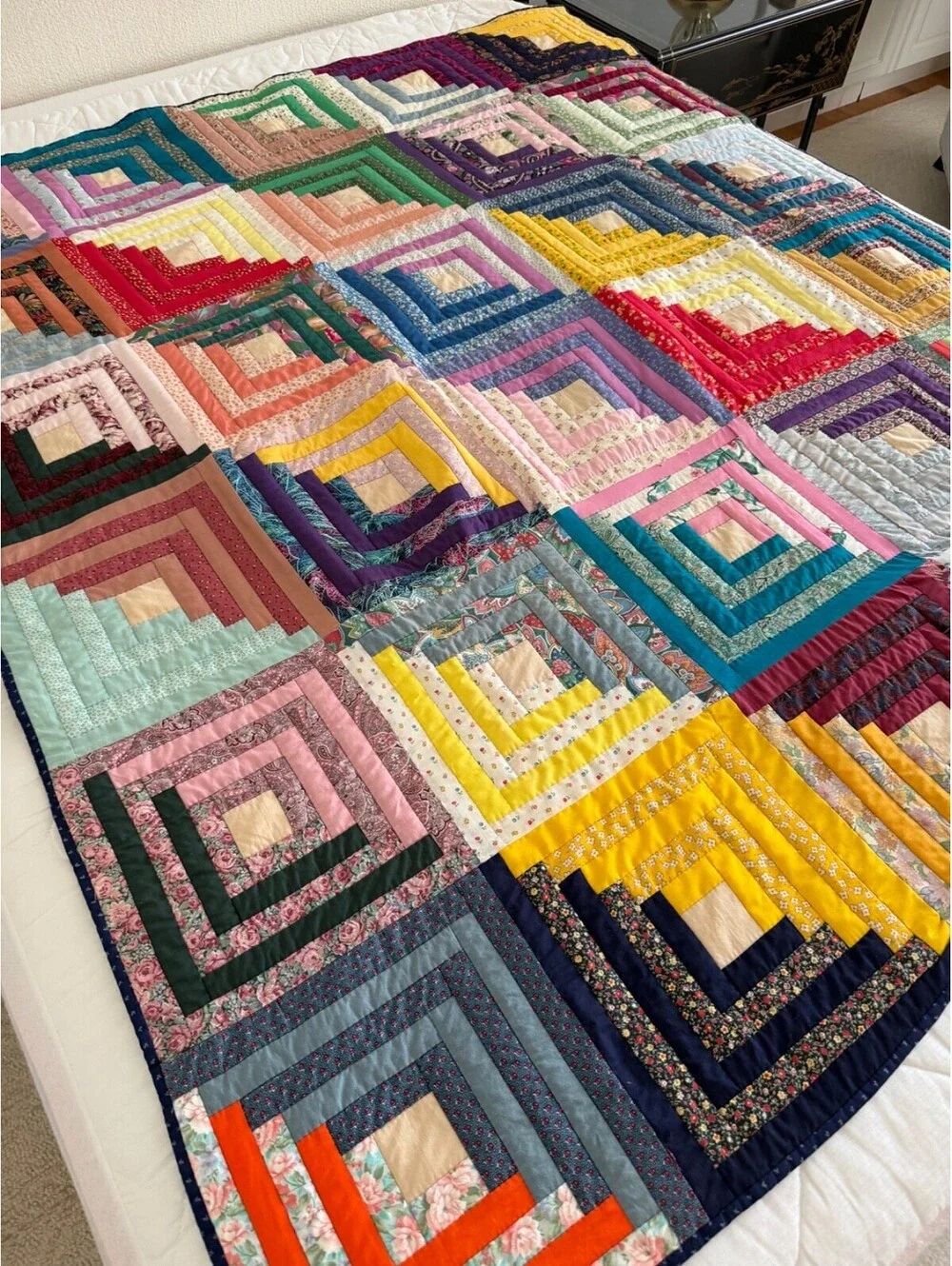 Handmade Log Cabin Quilt Vintage Patchwork Colorful Cotton Throw 54